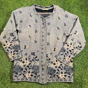 Vintage 80's women's floral button-up sweater grey blue (M/L)